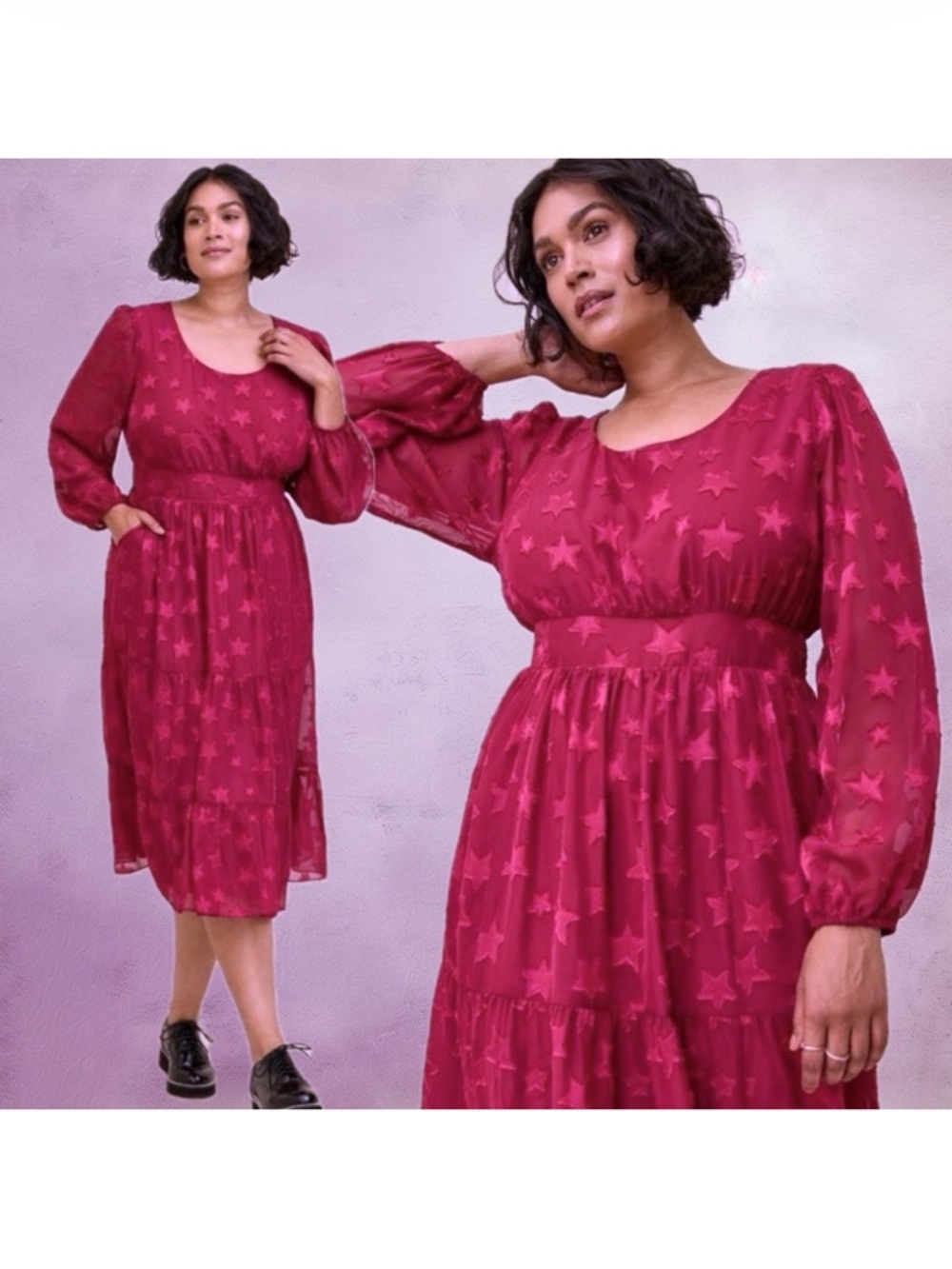 Torrid Clip Dot Star Long Sleeve Dress Plus Size 1 1X 14/16 Magenta Purple Pink